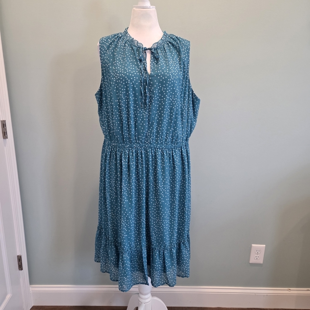 Pinup Fashion Teal Polka Dot Sleeveless Midi Dress Size 22 Ruffle - Picture 2 of 15